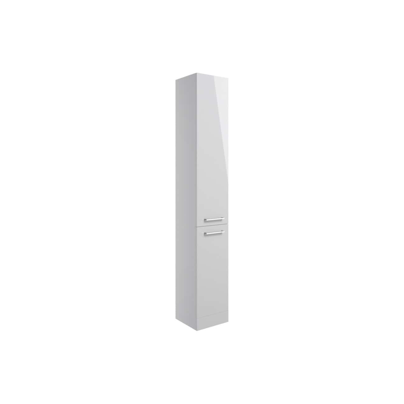 Modern white bathroom storage cabinet with sleek silver handles for organisation and style.