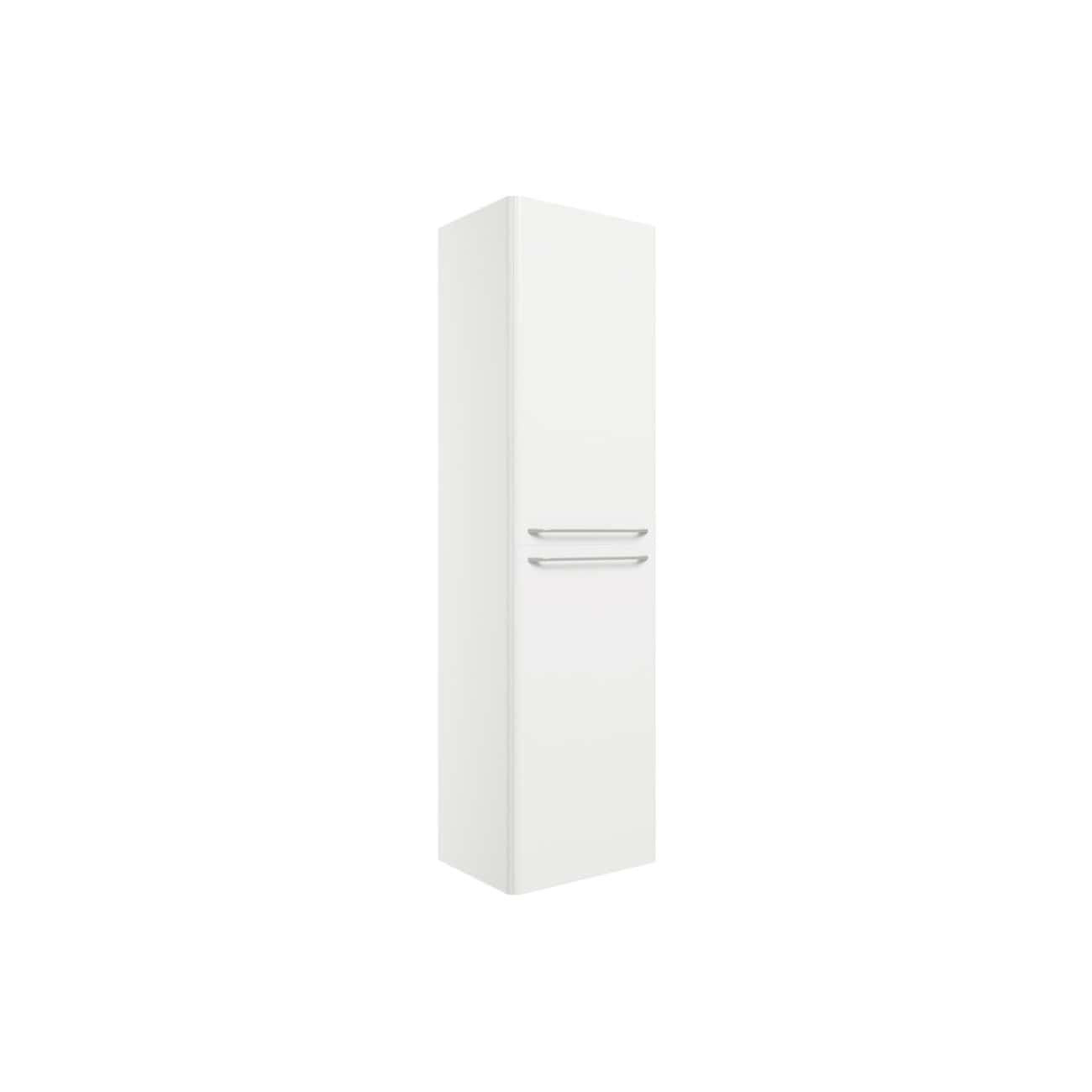 Mid-century modern white bathroom storage cabinet with sleek metal handles, ideal for organising toiletries and towels in contemporary bathroom designs.