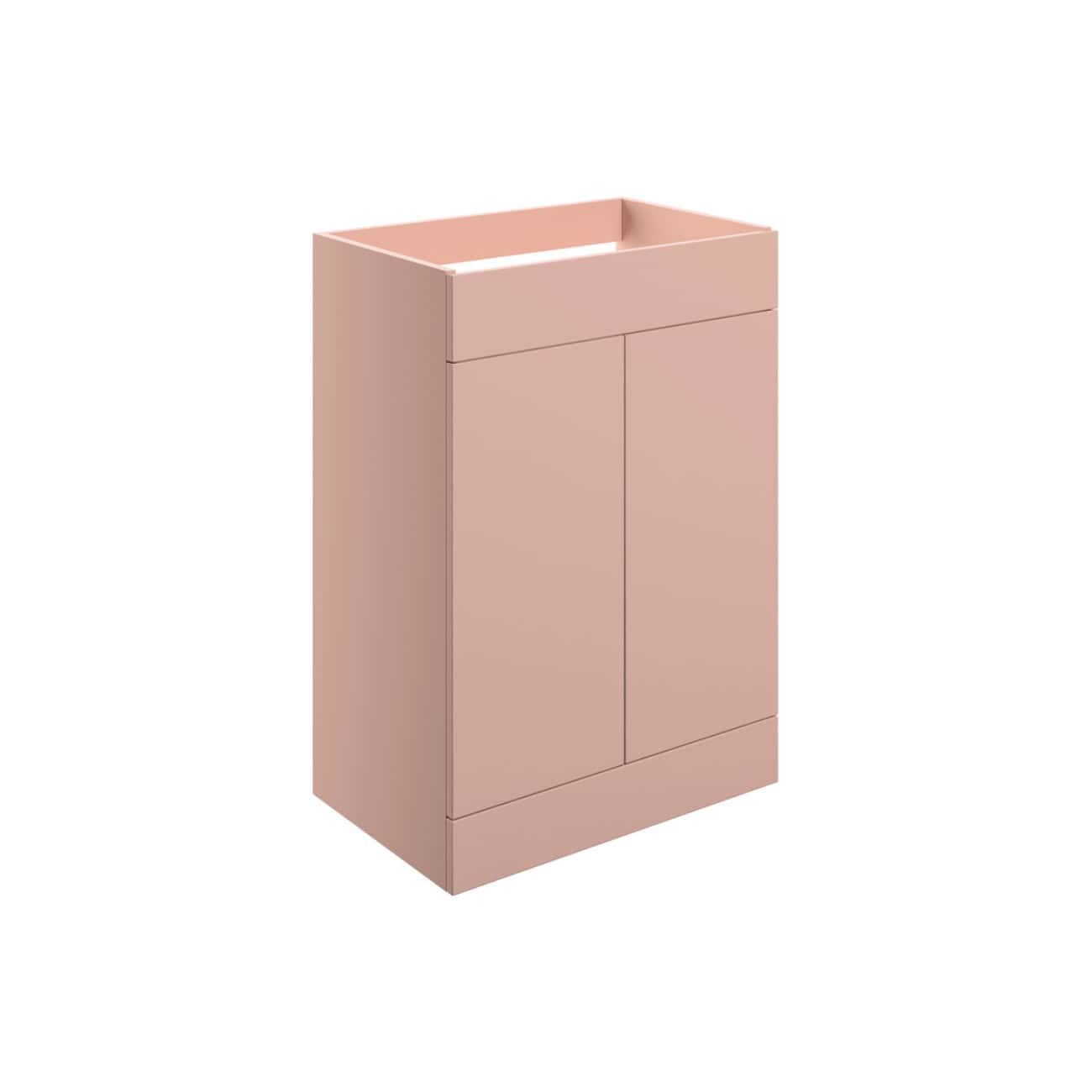 Minimalist pink bathroom vanity with storage cabinet and integrated sink for modern bathroom design. Perfect for contemporary interiors and small bathroom spaces.