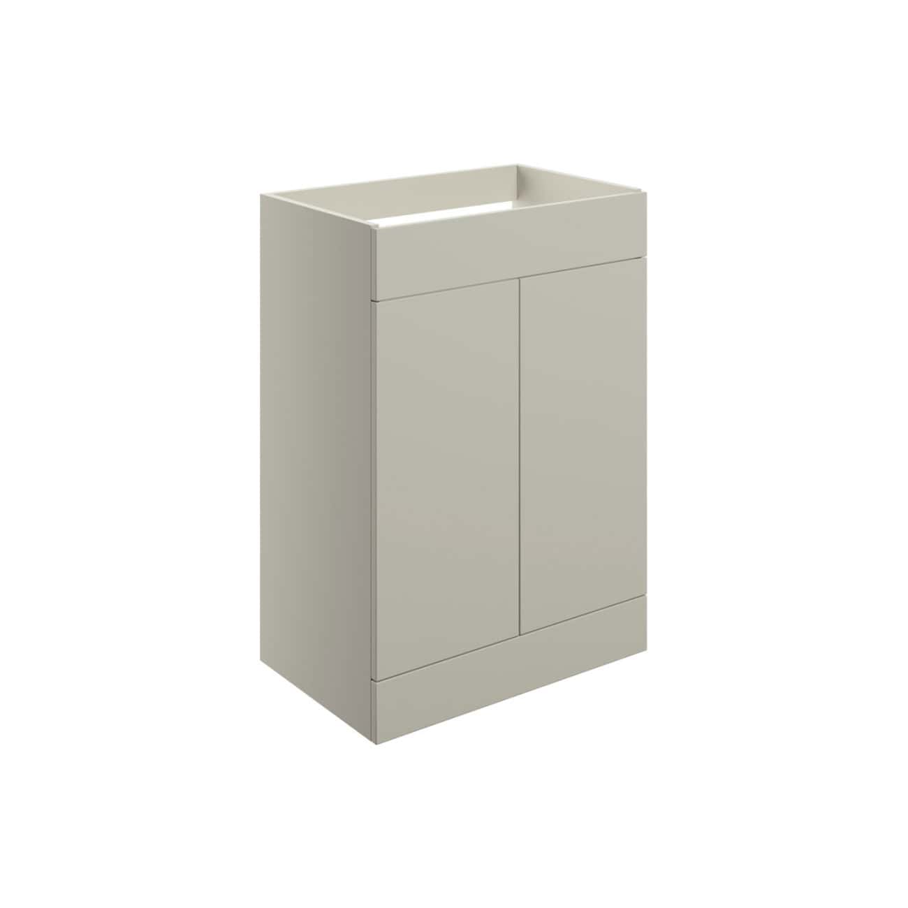 Modern grey bathroom vanity unit with integrated sink, minimalist design, ideal for contemporary bathroom decor, providing both style and storage flexibility.