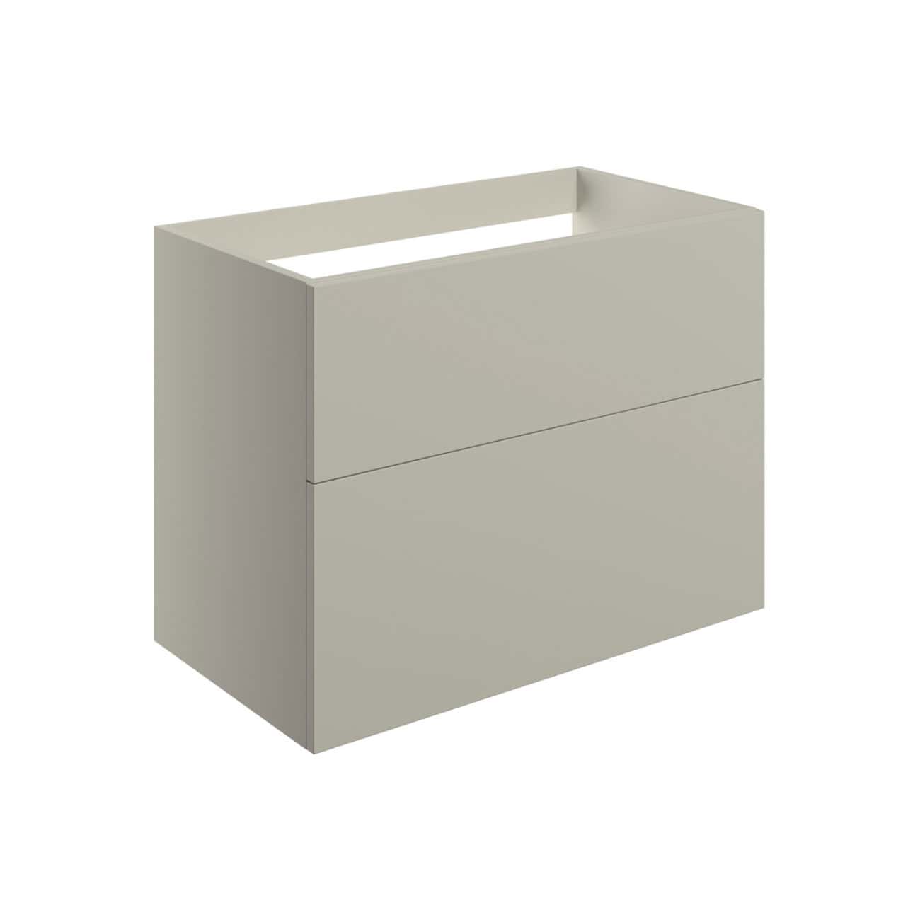 Modern minimalist bathroom vanity unit in neutral grey, designed for stylish bathroom storage solutions and contemporary interiors. Perfect for sleek, space-saving bathroom decor.