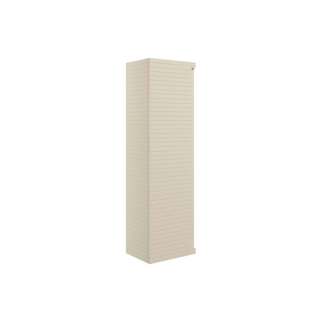 White vertical bathroom storage cabinet with horizontal slat design, ideal for organising toiletries and towels in modern bathrooms.