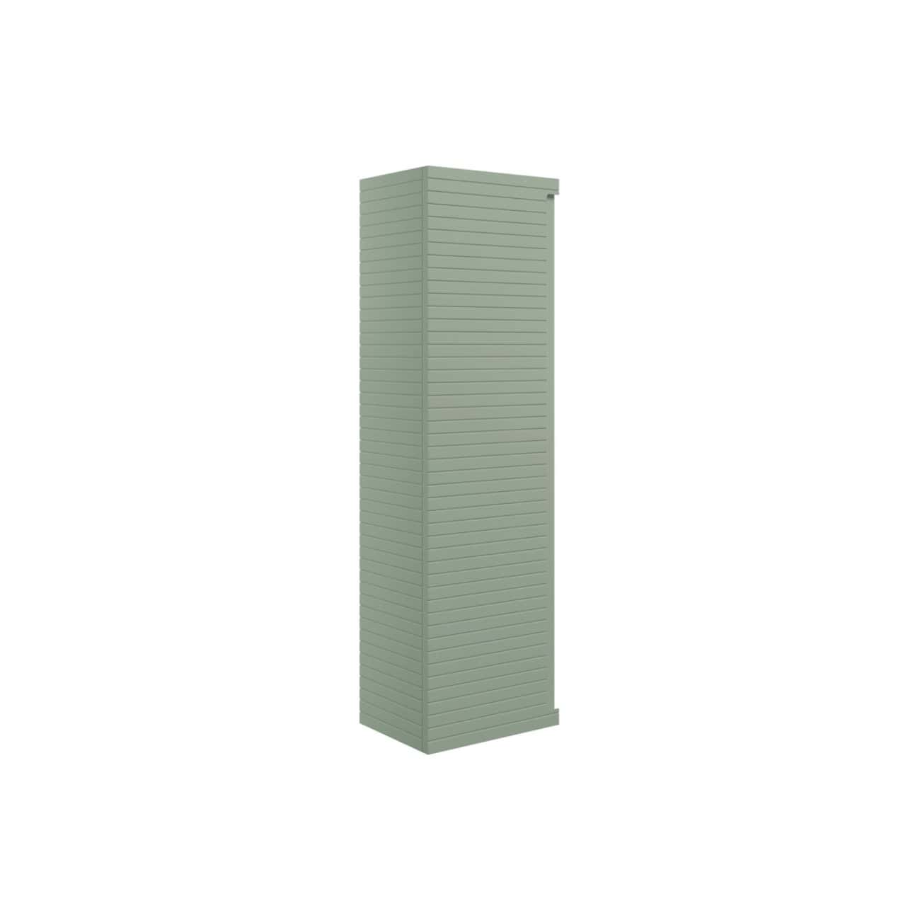 Sustainable, modern green wooden bathroom storage cabinet with horizontal slats, ideal for organised and stylish bathroom organisation and furniture.