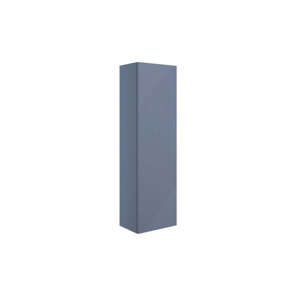 Contemporary blue bathroom storage cabinet with textured geometric surface design, ideal for modern bathroom decor and organised bathroom storage solutions.