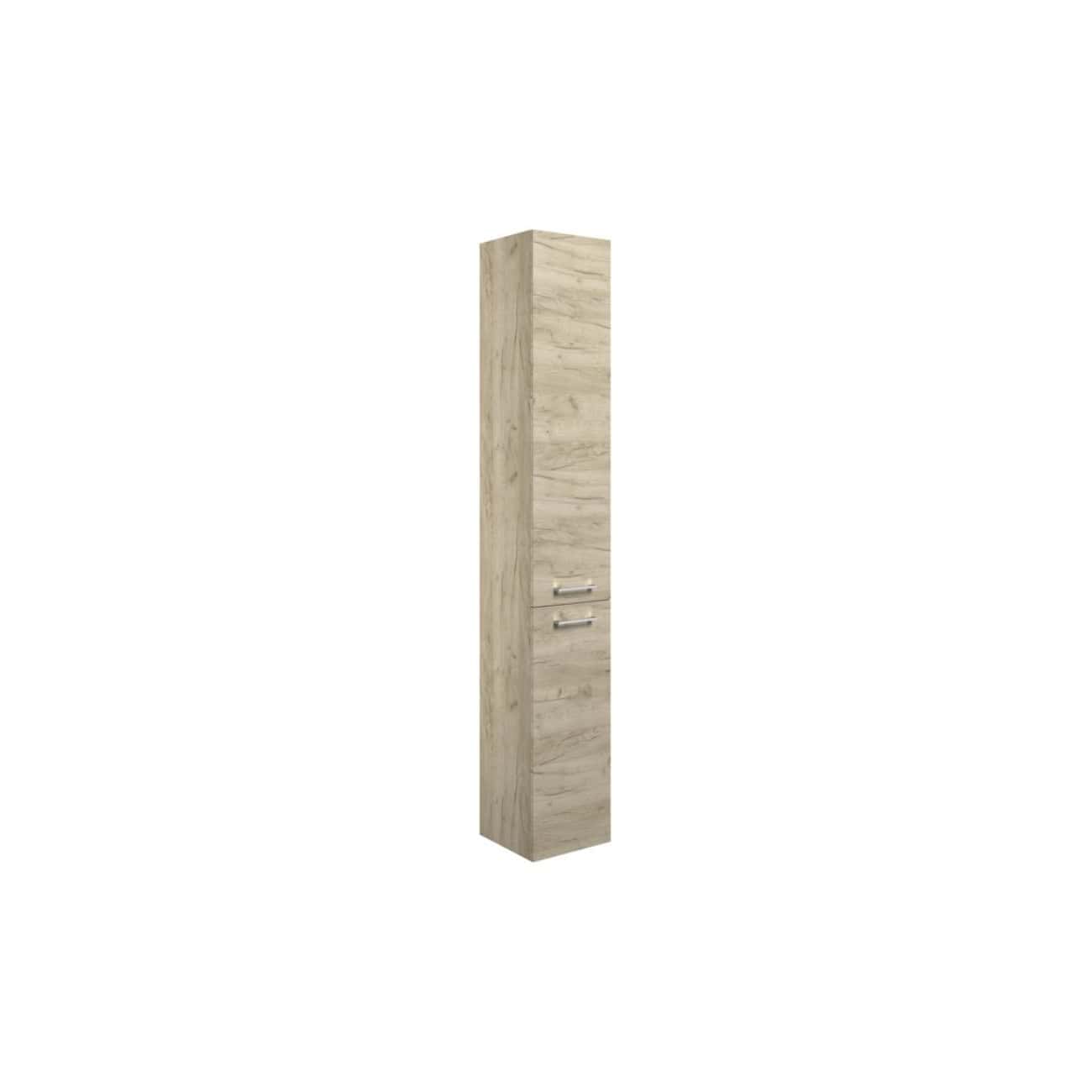 Slim beige wood bathroom cabinet with stainless steel handles, vertical storage unit for modern bathrooms, ideal for organising toiletries and towels.