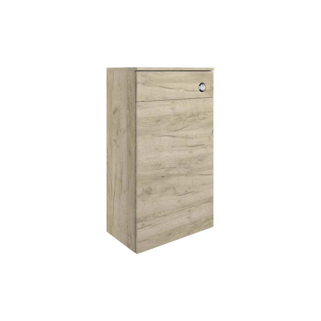 Sleek wooden bathroom cabinet with a natural light oak finish and a round chrome handle for contemporary bathroom storage solutions.