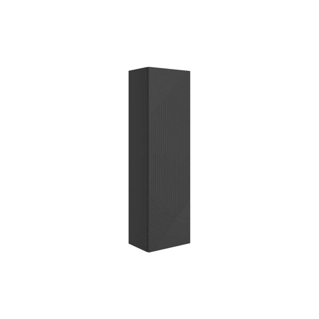 Sleek black bathroom storage cabinet with textured door for modern bathroom organisation.