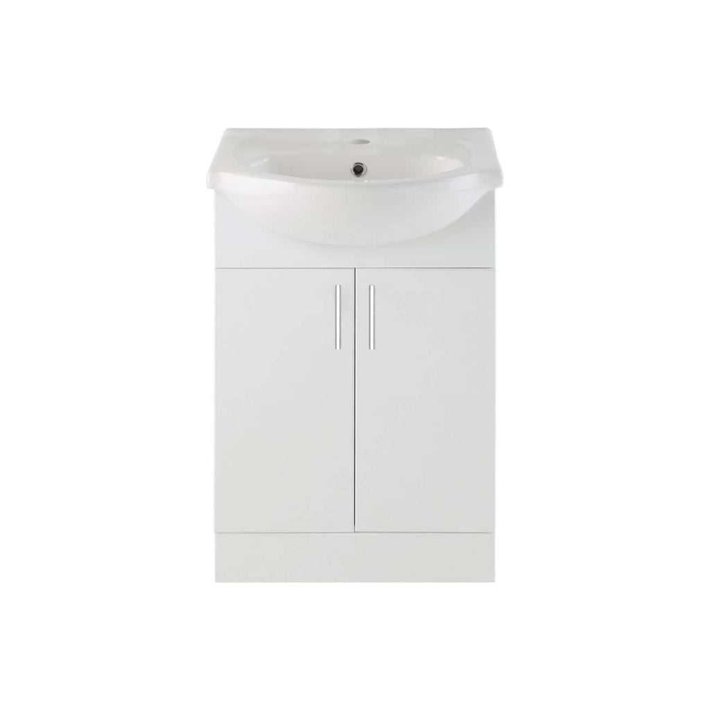 Modern white bathroom vanity with integrated sink, storage cabinet, and sleek handles, ideal for contemporary bathroom designs. Perfect for bathroom renovation projects and space-saving solutions.