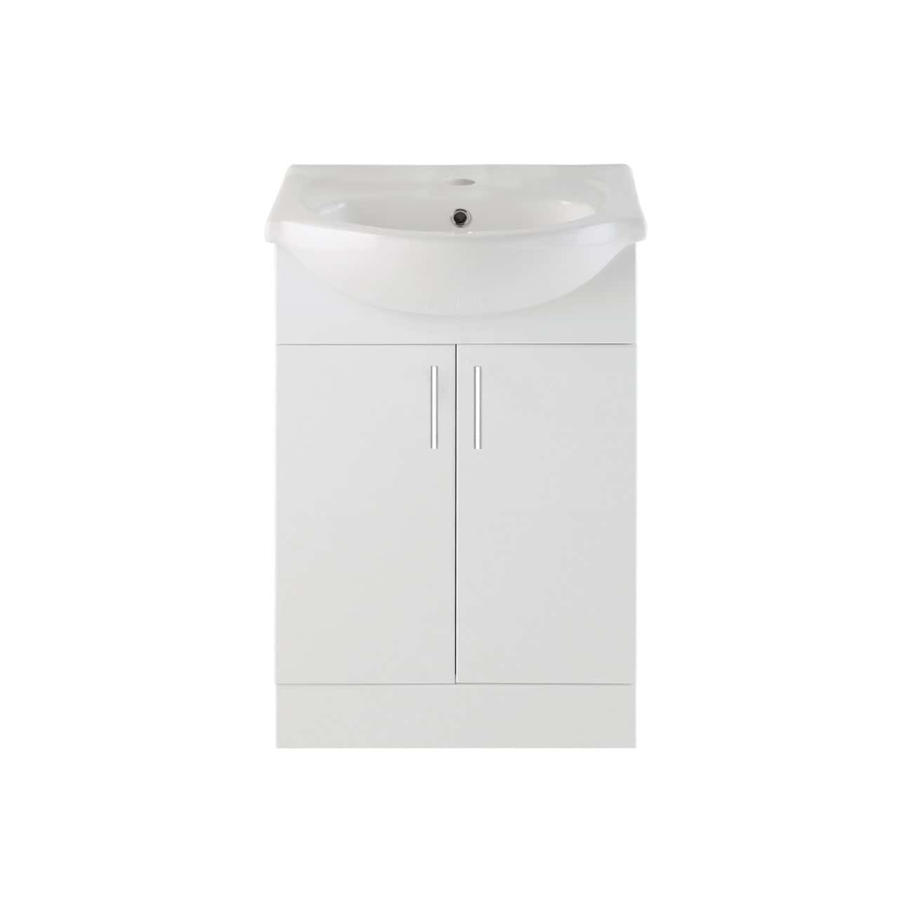 Modern white bathroom vanity with integrated sink, storage cabinet, and sleek handles, ideal for contemporary bathroom designs. Perfect for bathroom renovation projects and space-saving solutions.