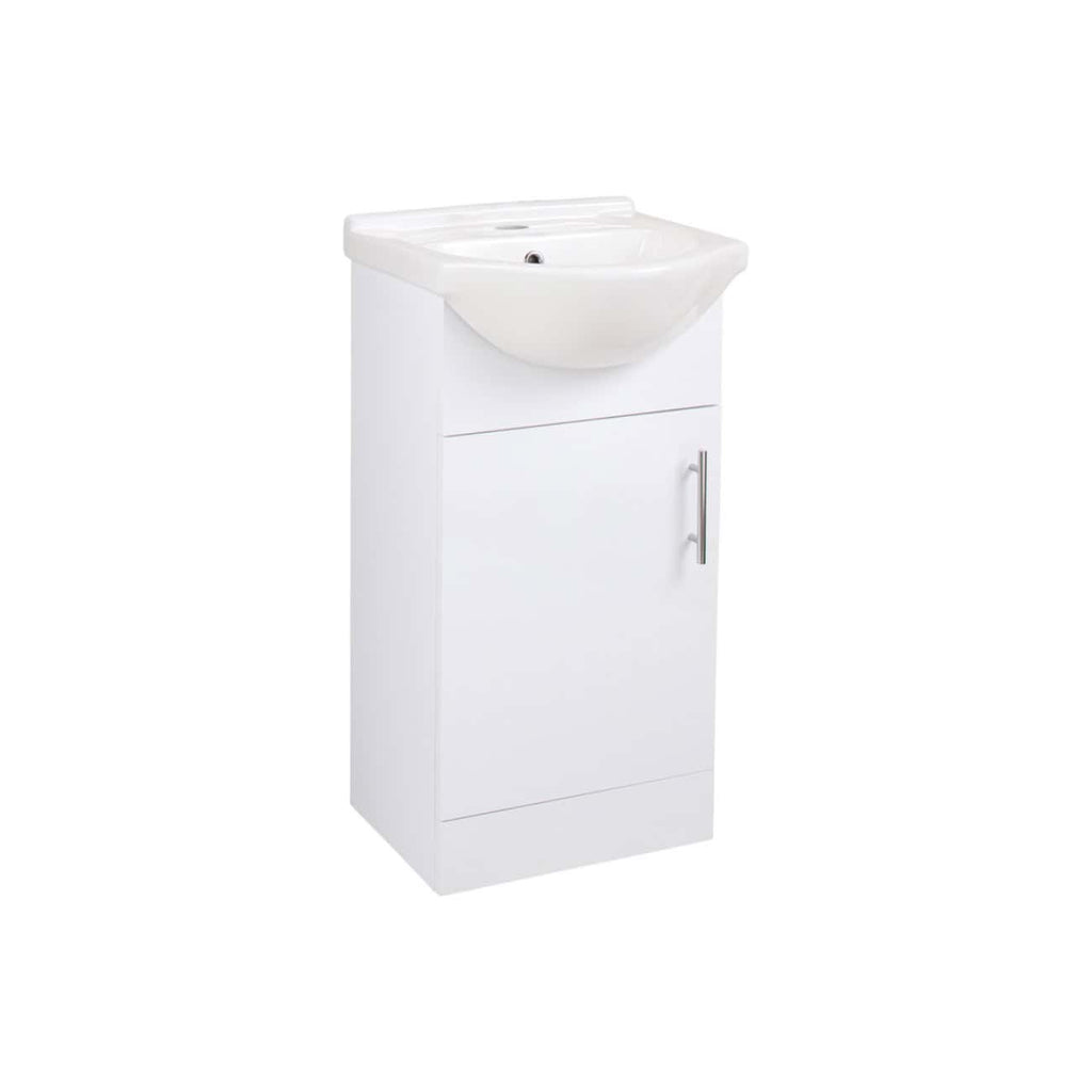 White bathroom vanity with integrated sink and cupboard storage, ideal for modern bathroom designs, durable and stylish furniture from Bubly Bathrooms.