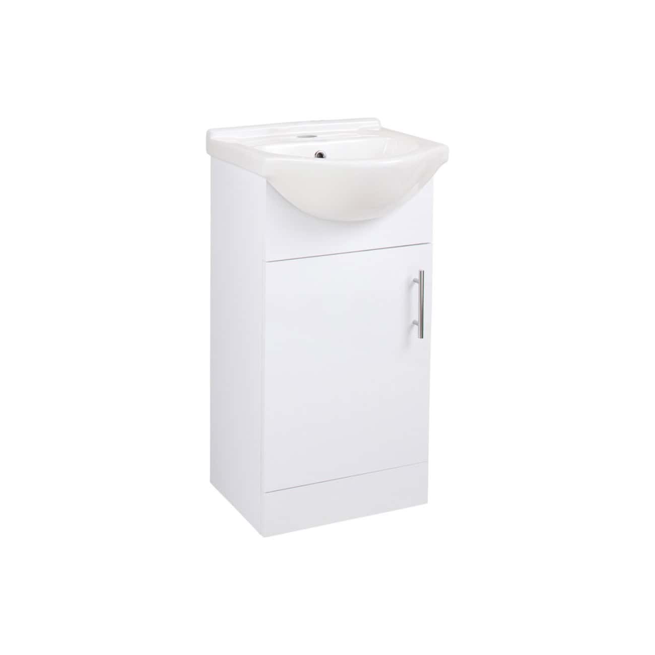 White bathroom vanity with integrated sink and cupboard storage, ideal for modern bathroom designs, durable and stylish furniture from Bubly Bathrooms.