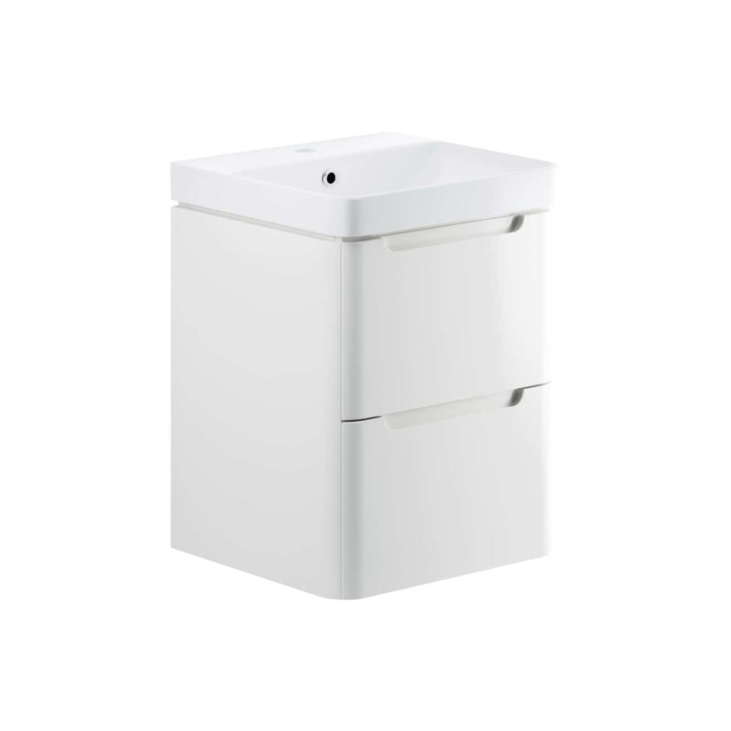 Sleek white bathroom vanity with integrated sink and storage drawers, ideal for modern bathroom designs. Efficient space-saving furniture by Bubly Bathrooms offering clean lines and functional storage solutions.