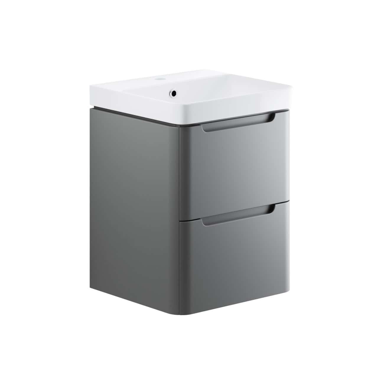 Sleek grey bathroom cabinet with integrated sink, modern design, and storage drawers, ideal for contemporary bathroom decor. Perfect for enhancing space efficiency and style.