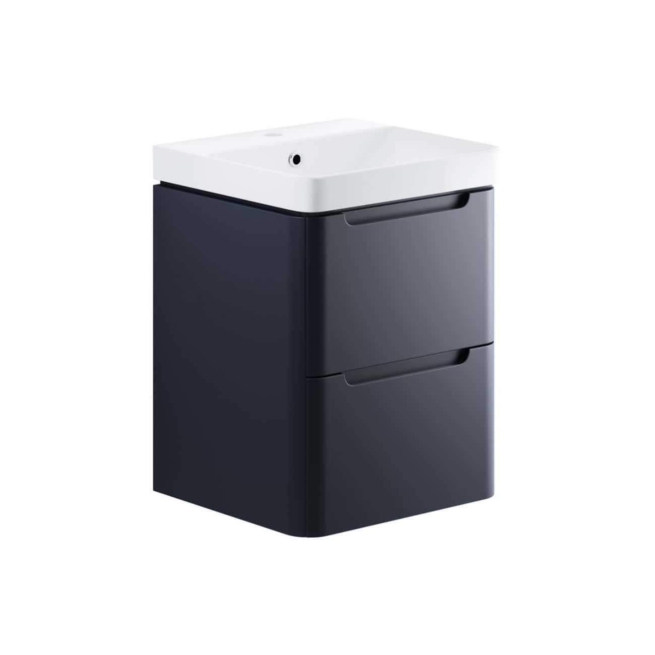 Minimalist bathroom vanity with integrated sink in sleek black finish, ideal for contemporary bathroom designs, combining style and functionality from Bubly Bathrooms.