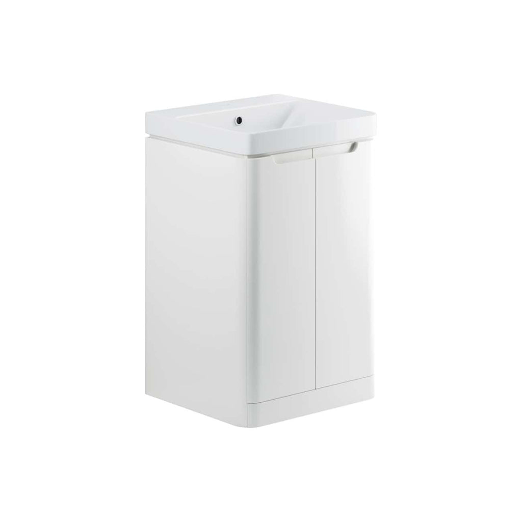 Modern white bathroom vanity with integrated sink and storage cabinet for a sleek, functional bathroom upgrade.