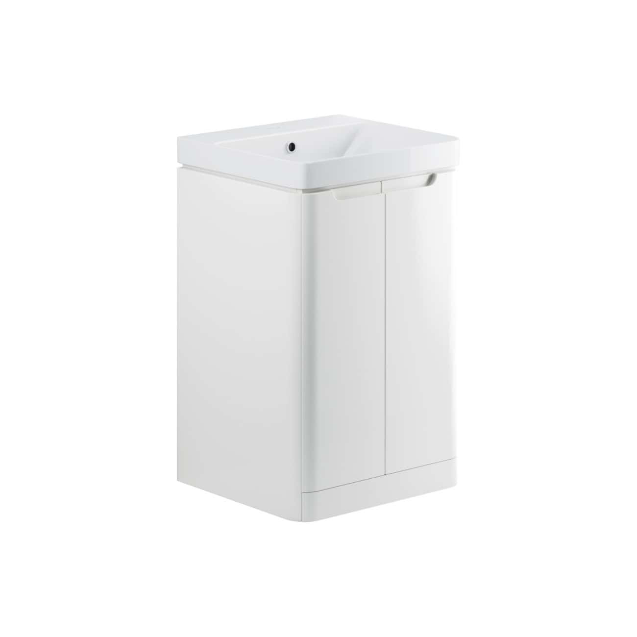 Modern white bathroom vanity with integrated sink and storage cabinet for a sleek, functional bathroom upgrade.