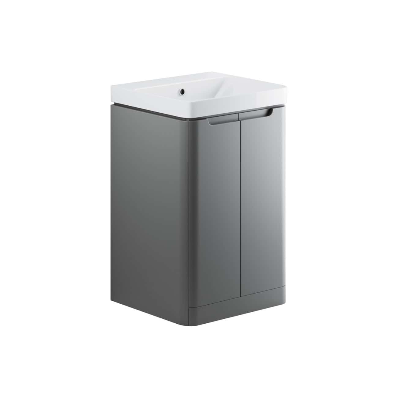 Modern grey bathroom vanity with integrated sink and storage cabinet, ideal for contemporary bathroom design. Compact and stylish with sleek lines, perfect for small spaces.