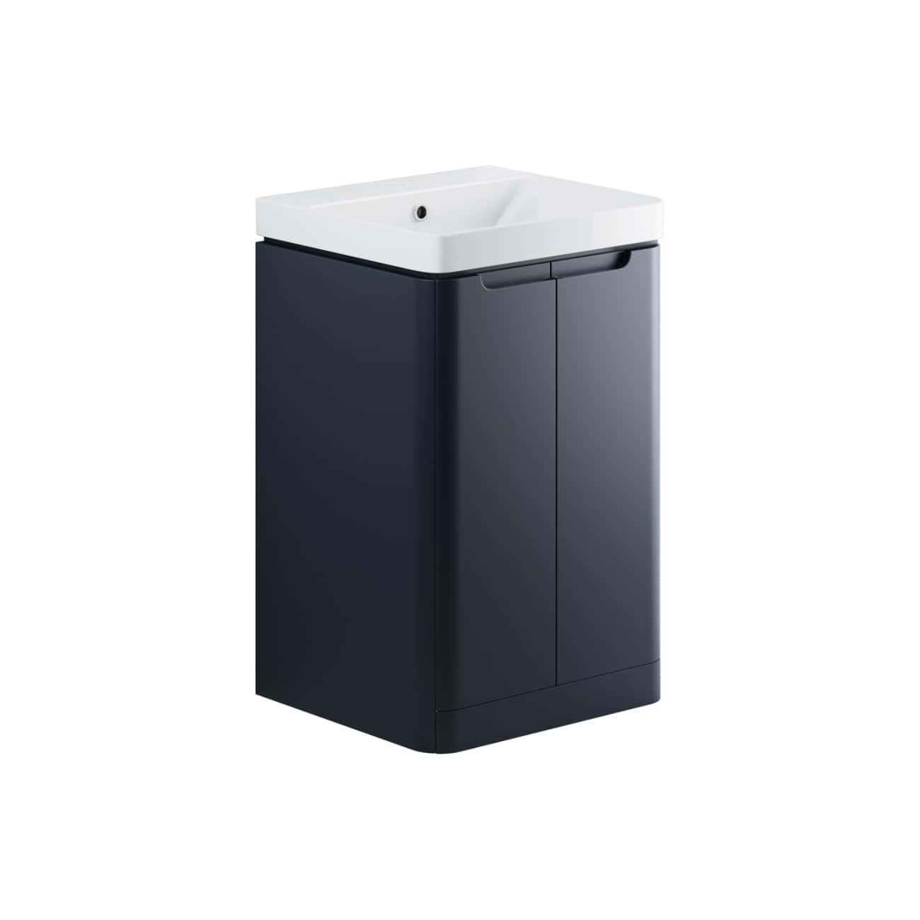 Sleek modern bathroom sink with built-in storage cabinet in navy blue, designed by Bubly Bathrooms. Perfect for contemporary bathrooms, combining style and functionality for efficient space use.