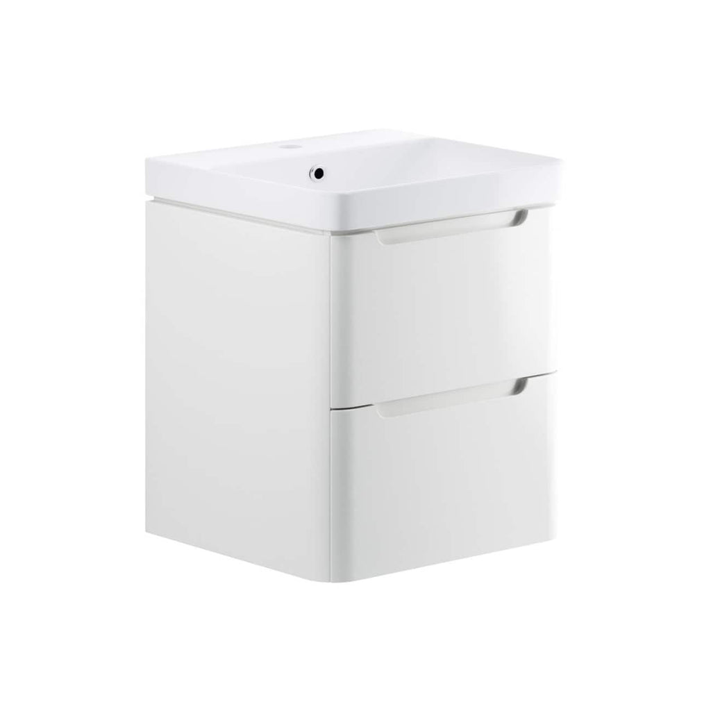 Sleek white bathroom vanity with integrated sink, modern design, and storage drawers, ideal for contemporary bathrooms. Perfect for stylish and functional bathroom decoration.