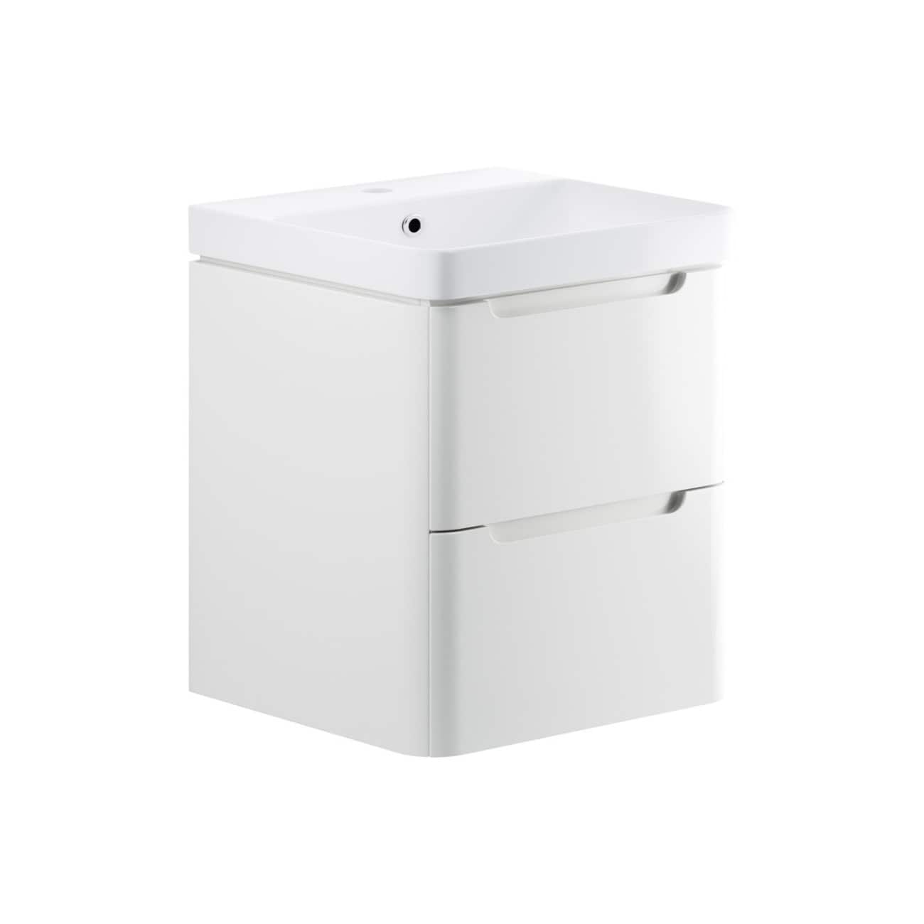 Sleek white bathroom vanity with integrated sink, modern design, and storage drawers, ideal for contemporary bathrooms. Perfect for stylish and functional bathroom decoration.