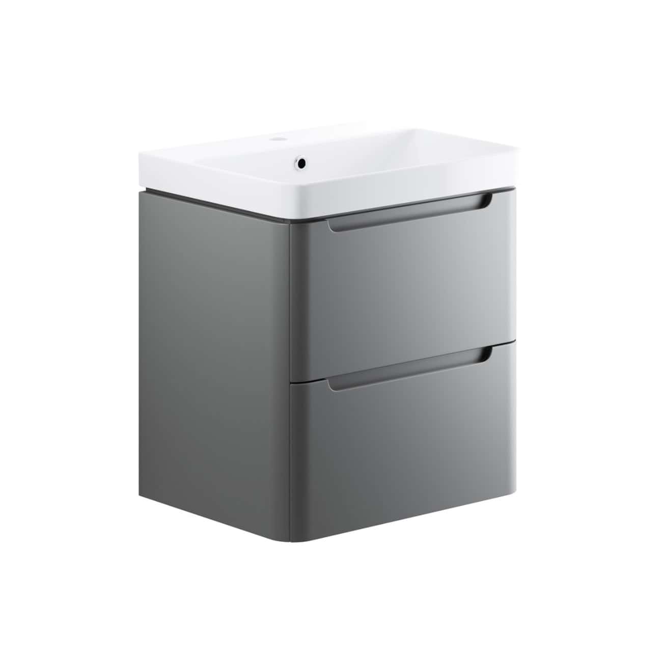 Sleek grey bathroom vanity unit with integrated sink, modern design, and storage drawers, ideal for contemporary bathrooms. Durable, stylish, space-saving bathroom furniture from Bubly Bathrooms.