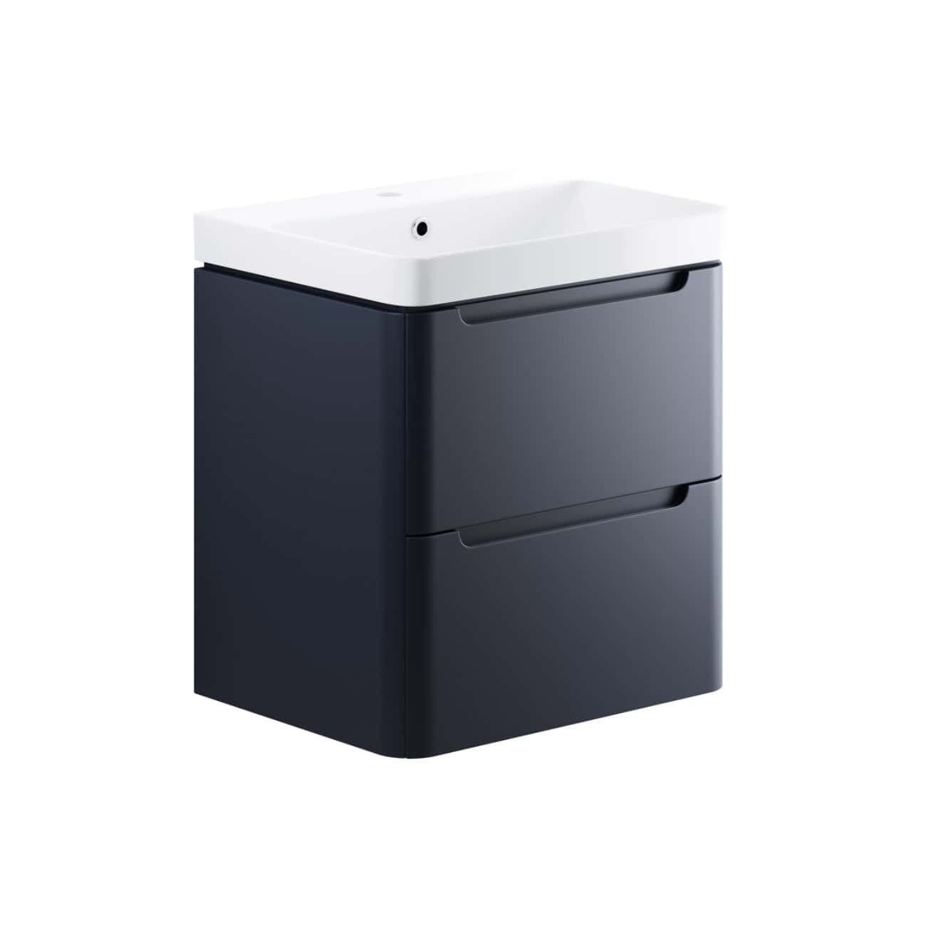 Modern black bathroom vanity with integrated sink and storage drawers for sleek, functional bathroom design.