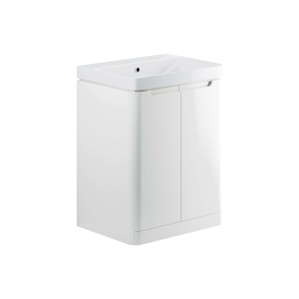 White bathroom vanity with integrated ceramic sink for modern bathroom designs.