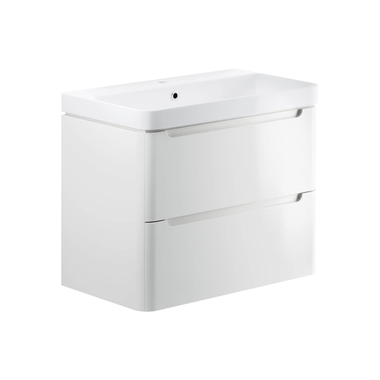 Modern white bathroom vanity with integrated sink and sleek storage drawers, ideal for contemporary bathroom designs.