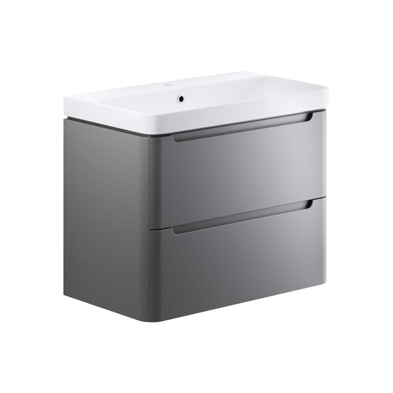 Modern grey bathroom vanity with integrated sink and sleek storage drawers for efficient organisation and contemporary style.