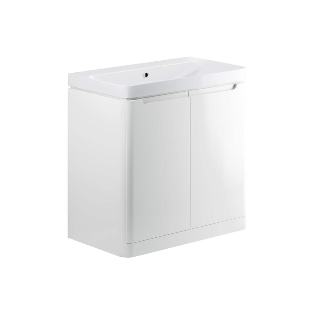 Minimalist white bathroom vanity with integrated sink and cabinet storage - perfect for modern bathrooms.