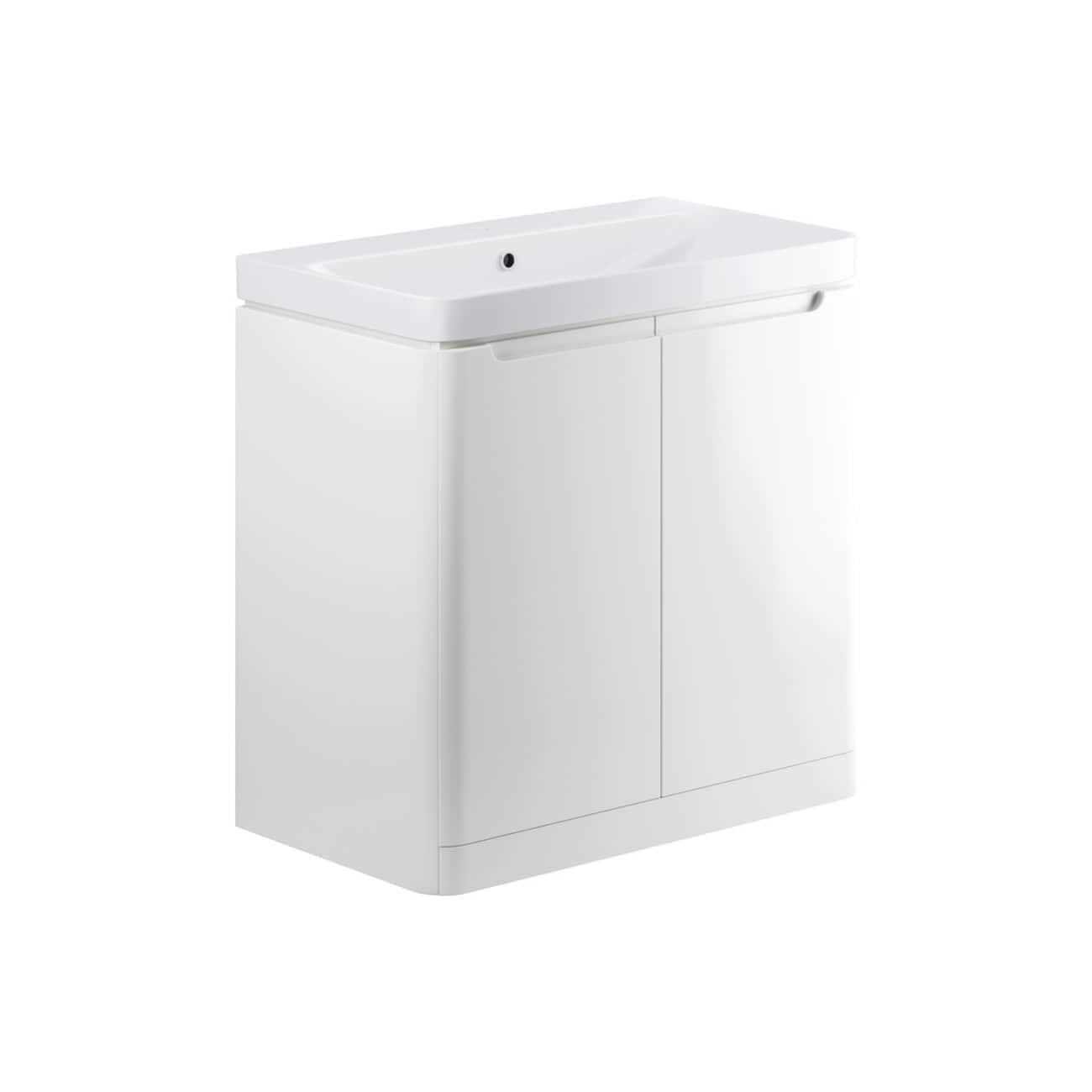 Minimalist white bathroom vanity with integrated sink and cabinet storage - perfect for modern bathrooms.