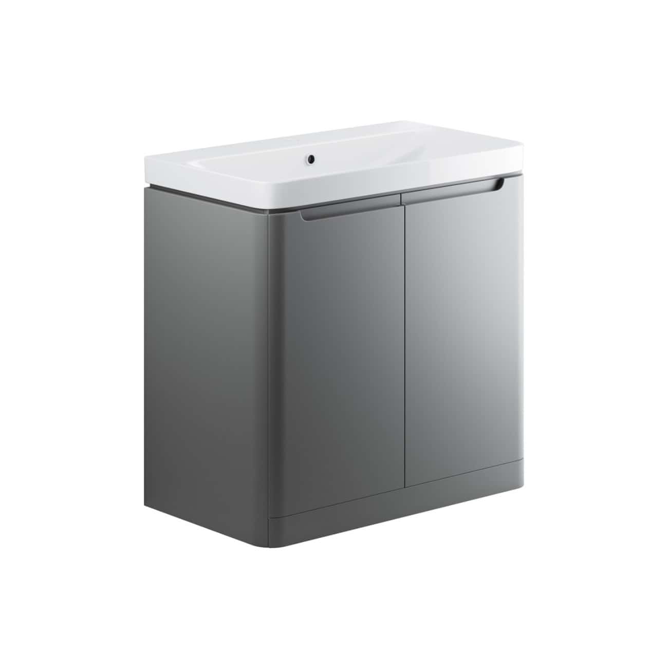 Sleek grey bathroom cabinet with integrated basin for modern bathroom storage and design. Durable surface and minimalist style perfect for contemporary bathroom interiors.