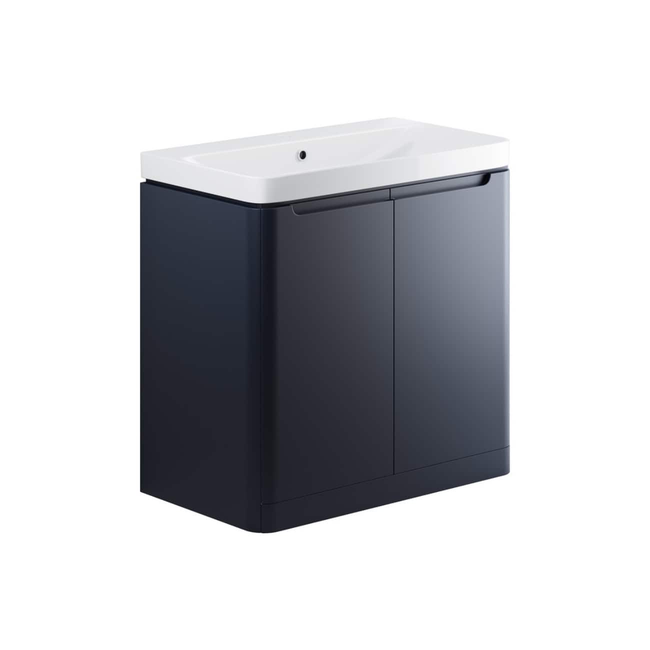 Sleek bathroom vanity unit with integrated sink in a modern design, featuring a dark matte finish, ideal for contemporary bathroom interiors.