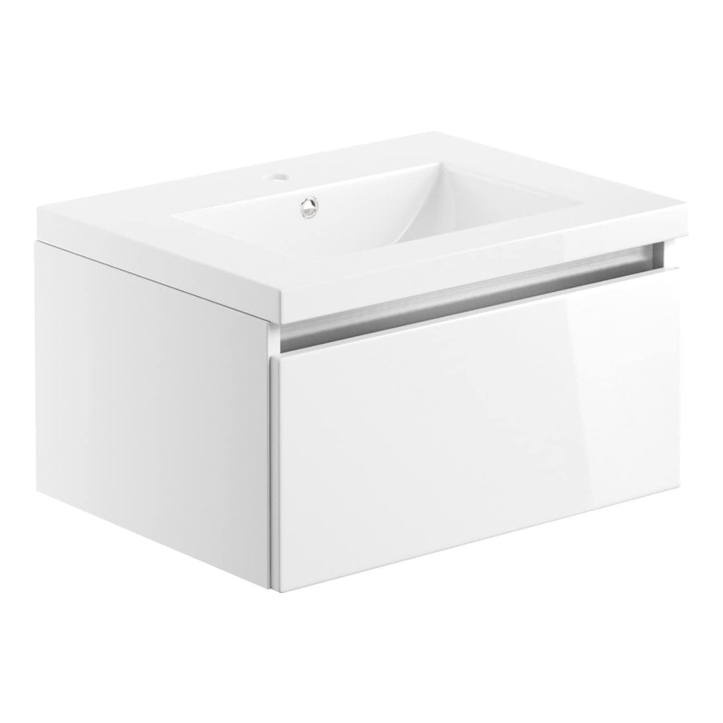 Modern white bathroom vanity with integrated sink, sleek design, and storage drawer for bathroom organisation.