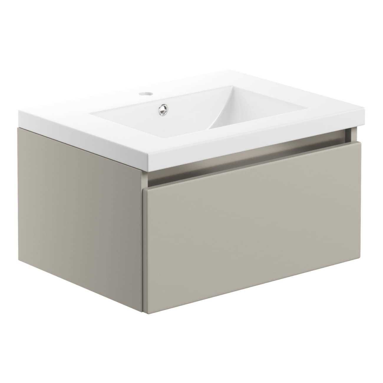 Sleek grey bathroom vanity with integrated white ceramic sink and modern minimalist design, perfect for contemporary bathroom interiors.