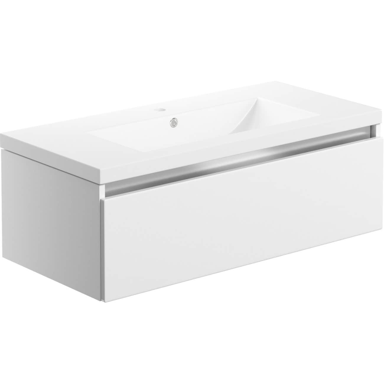 Sleek white bathroom vanity with integrated sink and clean modern design, ideal for contemporary bathrooms and perfect for stylish bathroom storage solutions.