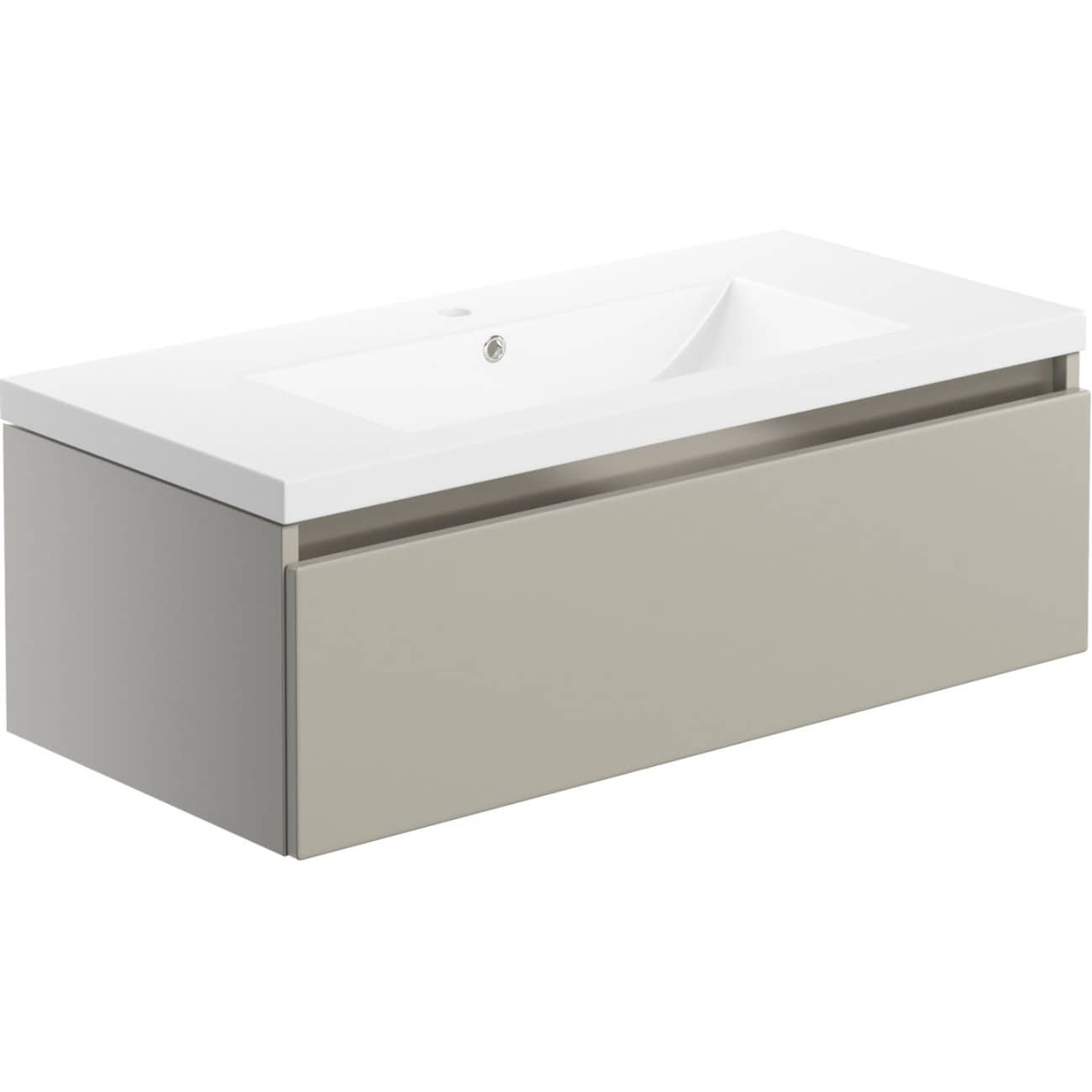 Sleek beige bathroom vanity with integrated white ceramic sink, modern storage cabinet, and minimalist design, perfect for contemporary bathrooms.