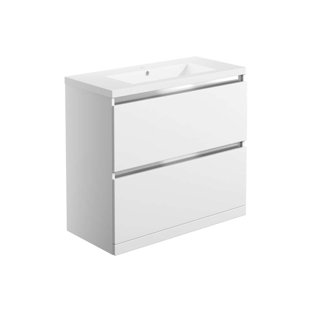 Sleek white bathroom vanity with integrated sink and modern storage drawers, ideal for contemporary bathrooms and maximising space. Perfect for stylish bathroom renovations.