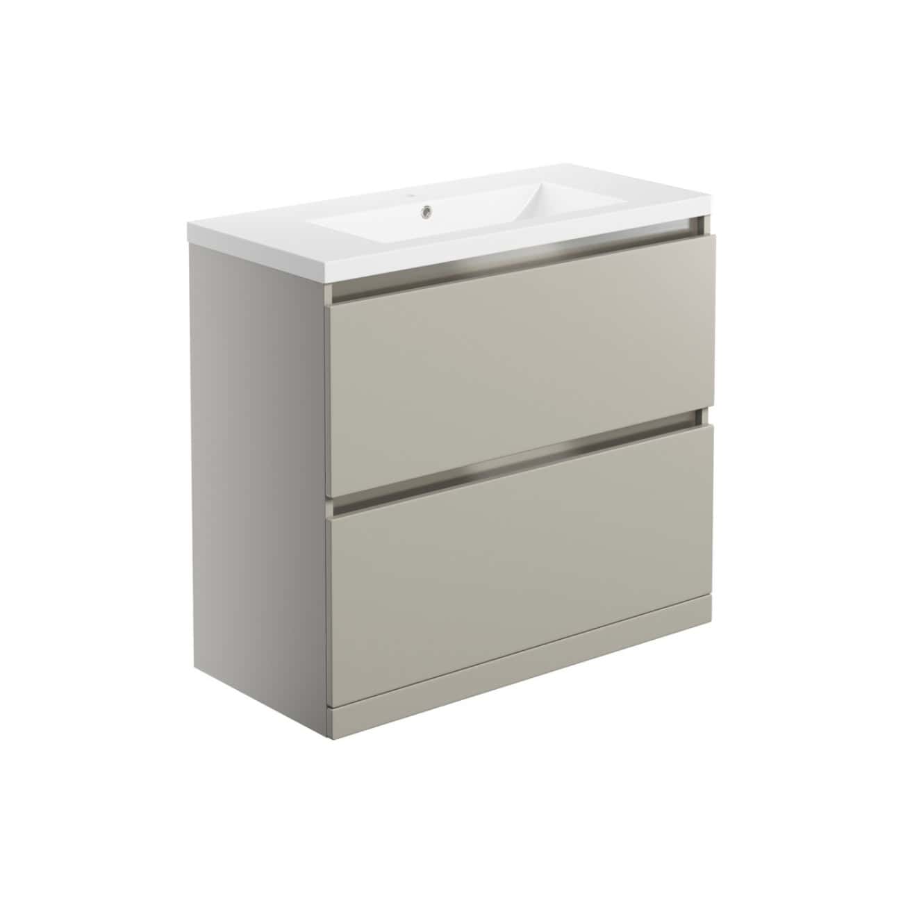Sleek modern bathroom vanity unit with integrated sink, grey finish, two spacious drawers, ideal for contemporary bathroom storage solutions.