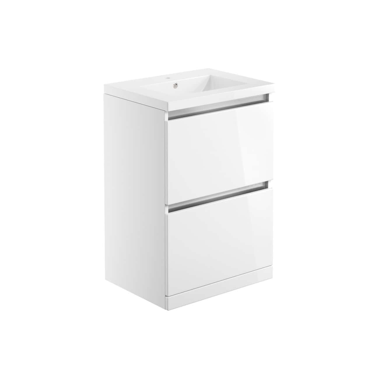 Light grey modern bathroom vanity unit with integrated sink, sleek handle-less drawers, ideal for contemporary bathroom storage solutions.