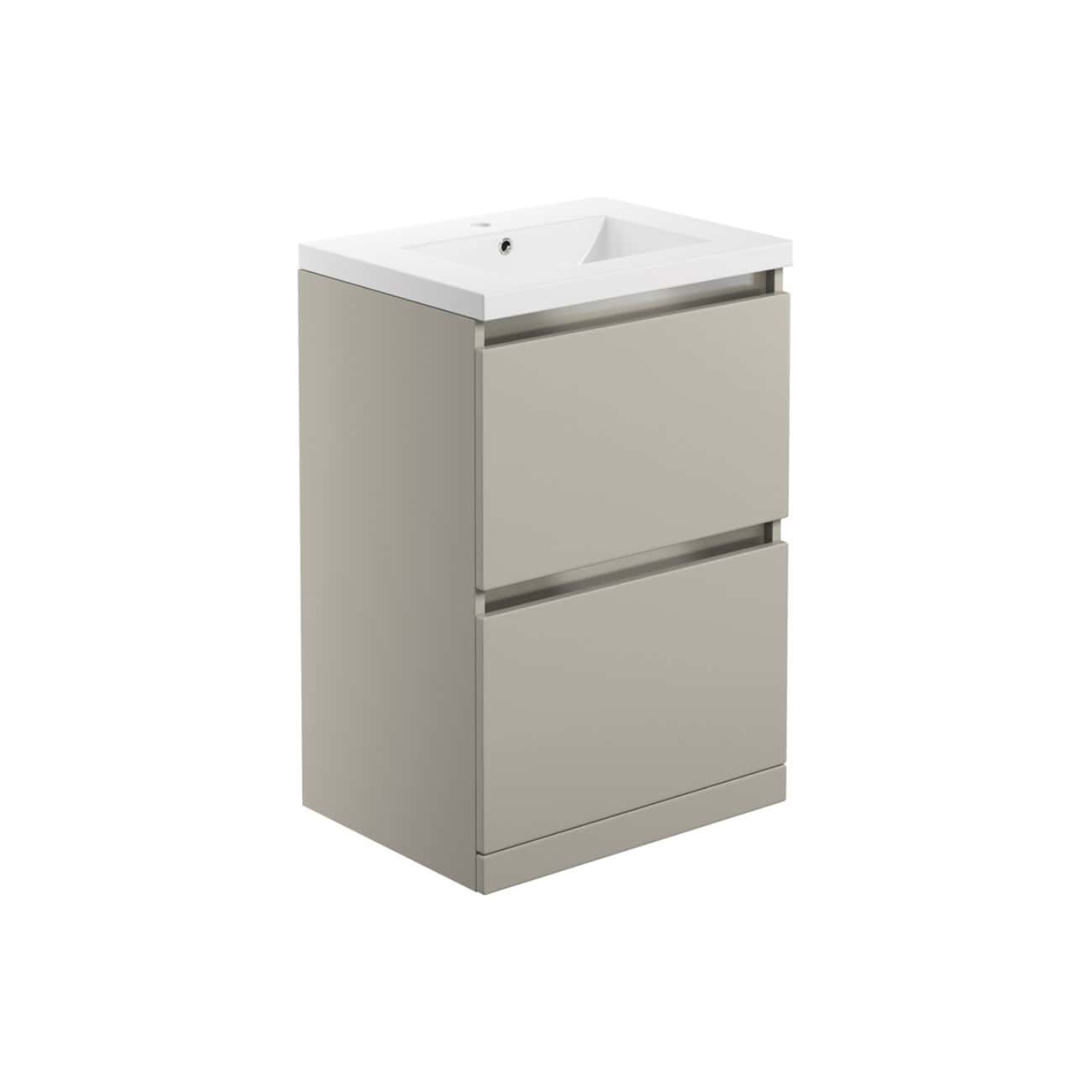 Modern grey bathroom vanity with integrated sink, sleek design, and ample storage drawers, ideal for contemporary bathroom interiors. Perfect for efficient space utilisation and stylish decor.