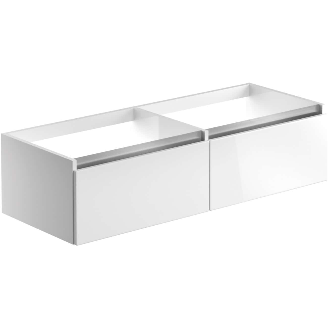 Sleek white bathroom vanity with two open-top compartments, modern design perfect for minimalist bathroom storage and organisation. Ideal for contemporary bathroom interiors.