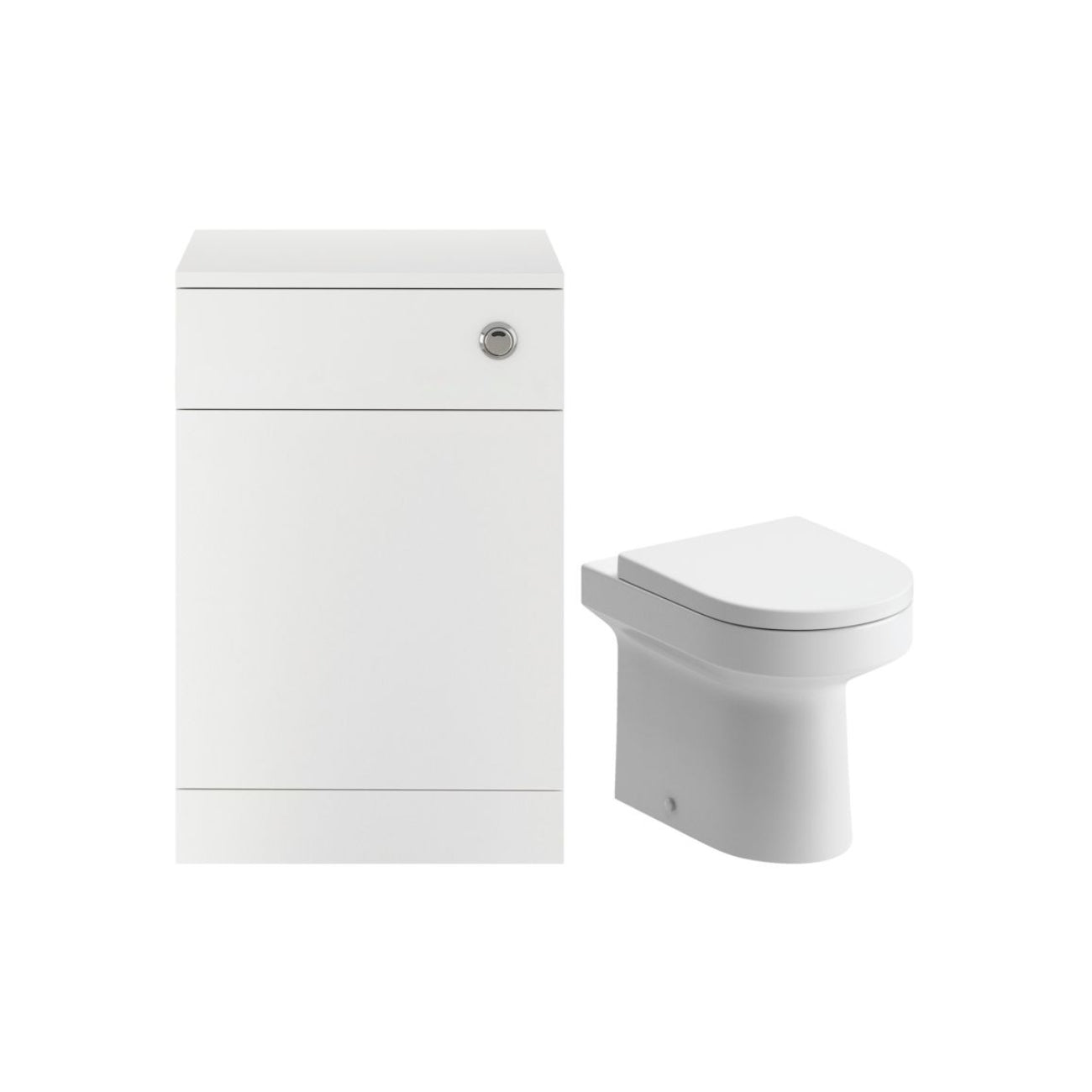 White bathroom toilet and cabinet set from Bubly Bathrooms, ideal for modern and minimalist bathroom designs, providing functional storage and a sleek toilet for efficient bathroom use.