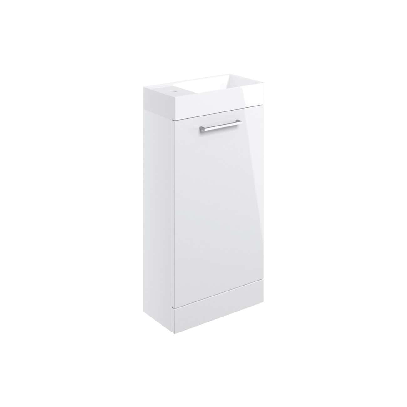 Modern white bathroom vanity with integrated sink and sleek handle, perfect for contemporary bathroom designs. Durable, functional, and stylish storage solution for bathroom essentials.
