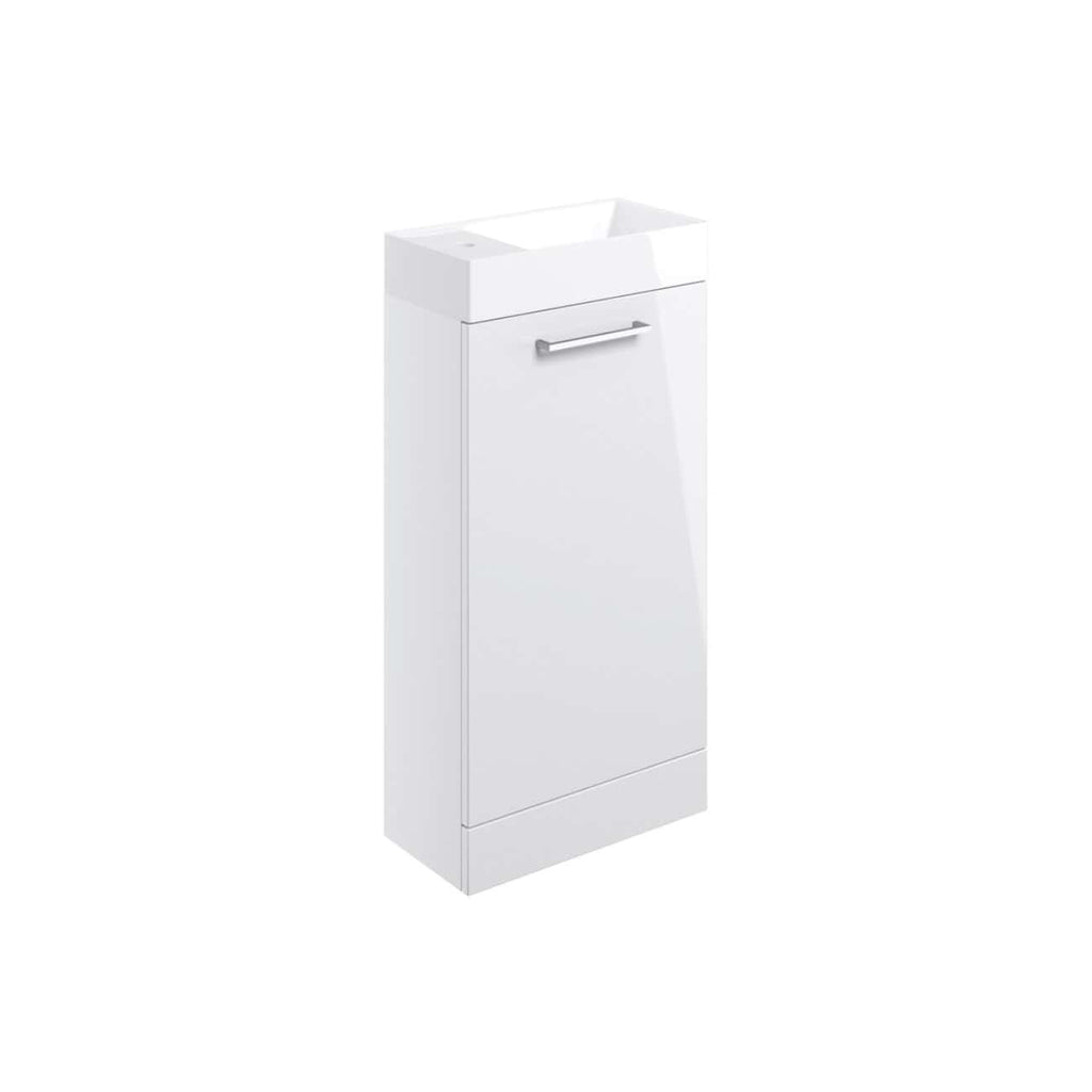 Modern white bathroom vanity with integrated sink and sleek handle, perfect for contemporary bathroom designs. Durable, functional, and stylish storage solution for bathroom essentials.