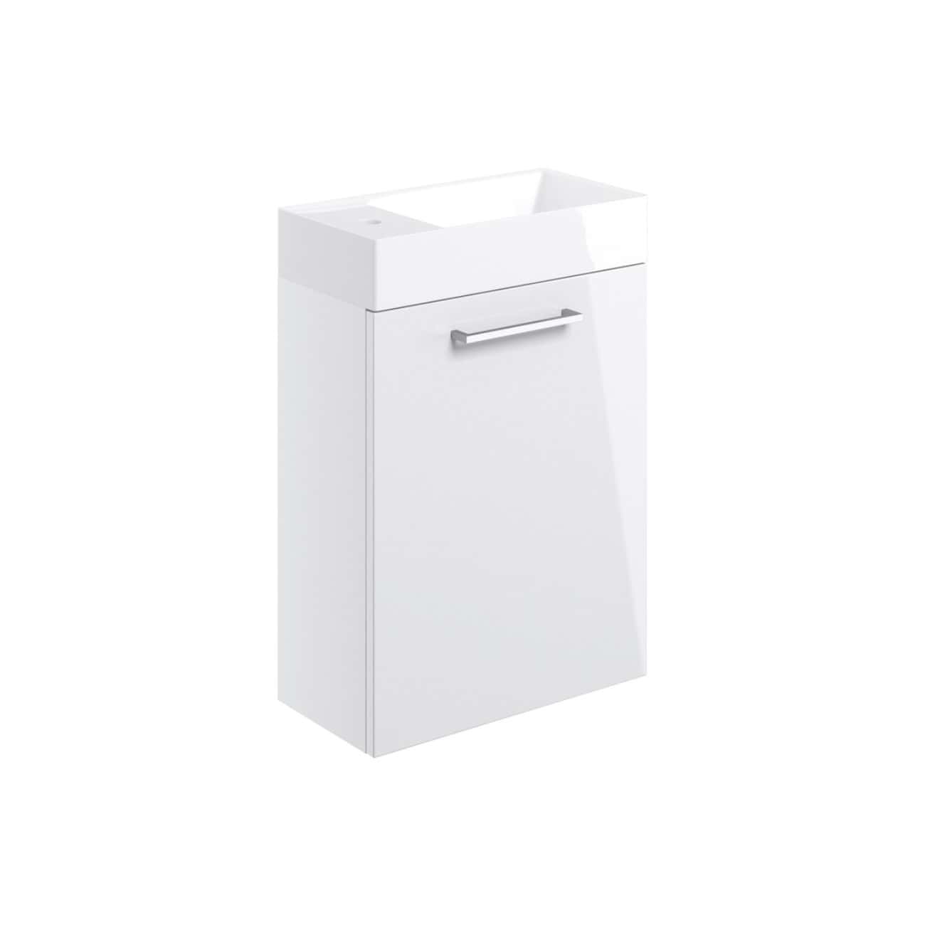 Sleek white bathroom vanity with integrated sink and modern handle, ideal for contemporary bathroom designs, providing stylish storage and functional sink area.