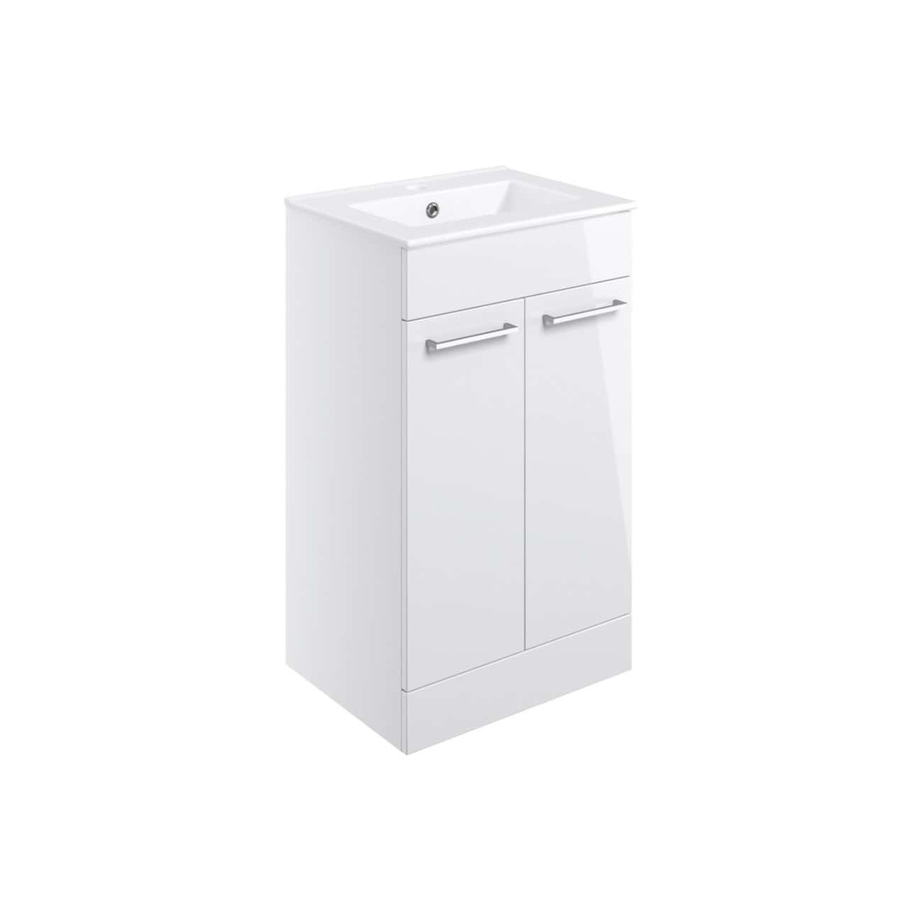 White bathroom vanity unit with integrated sink and storage cabinet for modern bathroom design.