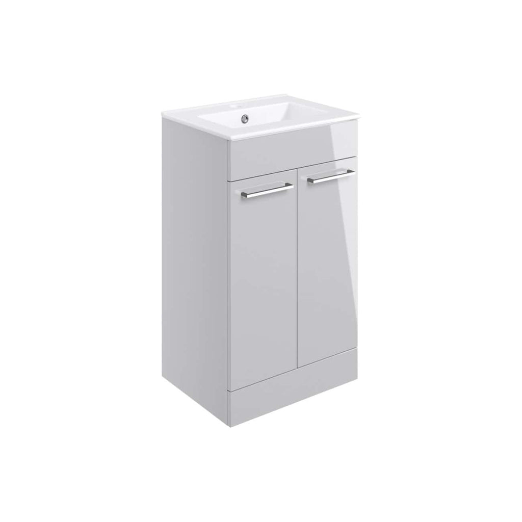 Modern white bathroom vanity with integrated sink and storage cabinet for contemporary bathroom design. Perfect for organising bathroom essentials in style.