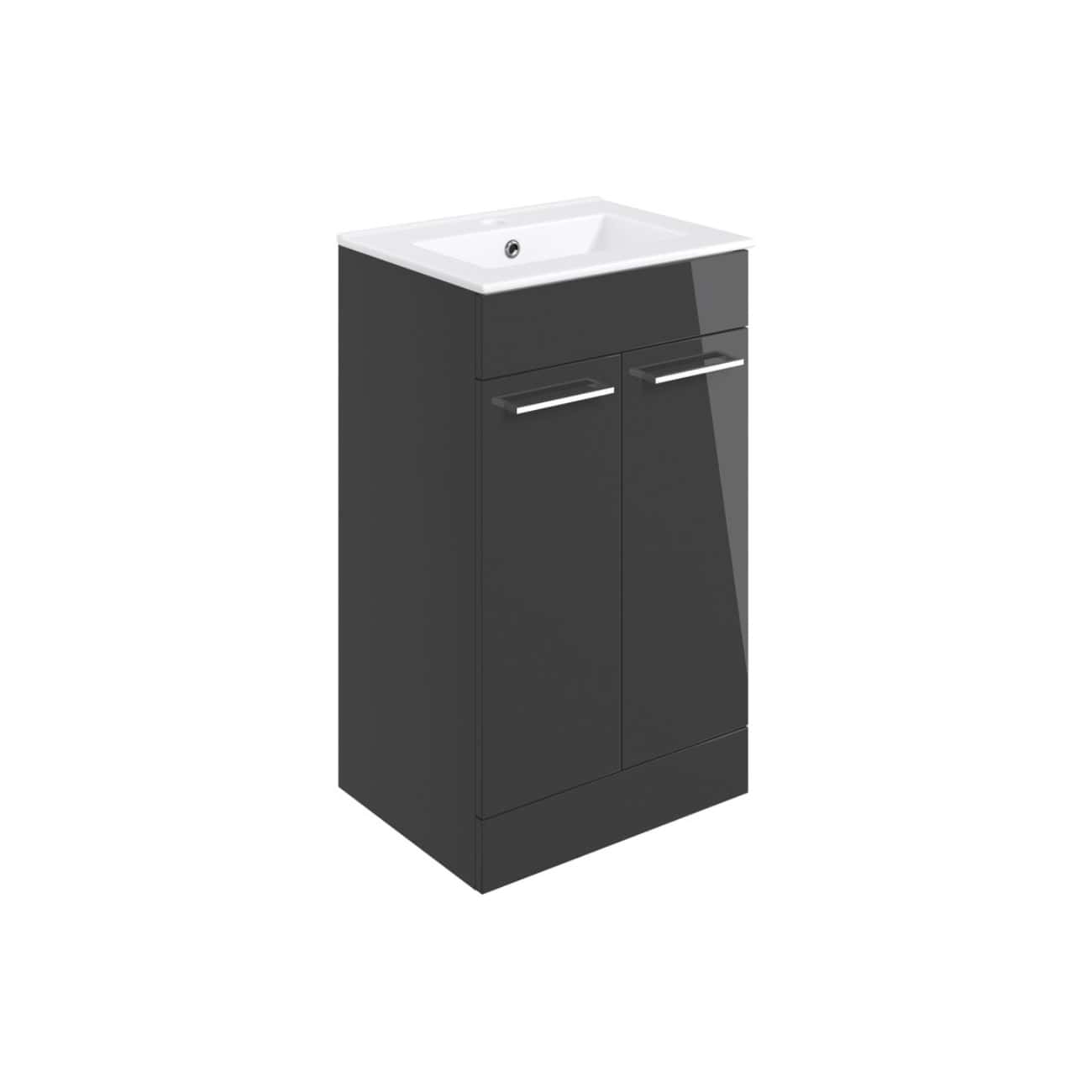 Modern black bathroom vanity with integrated sink, sleek cabinet storage, and contemporary chrome handles perfect for stylish bathroom upgrades.