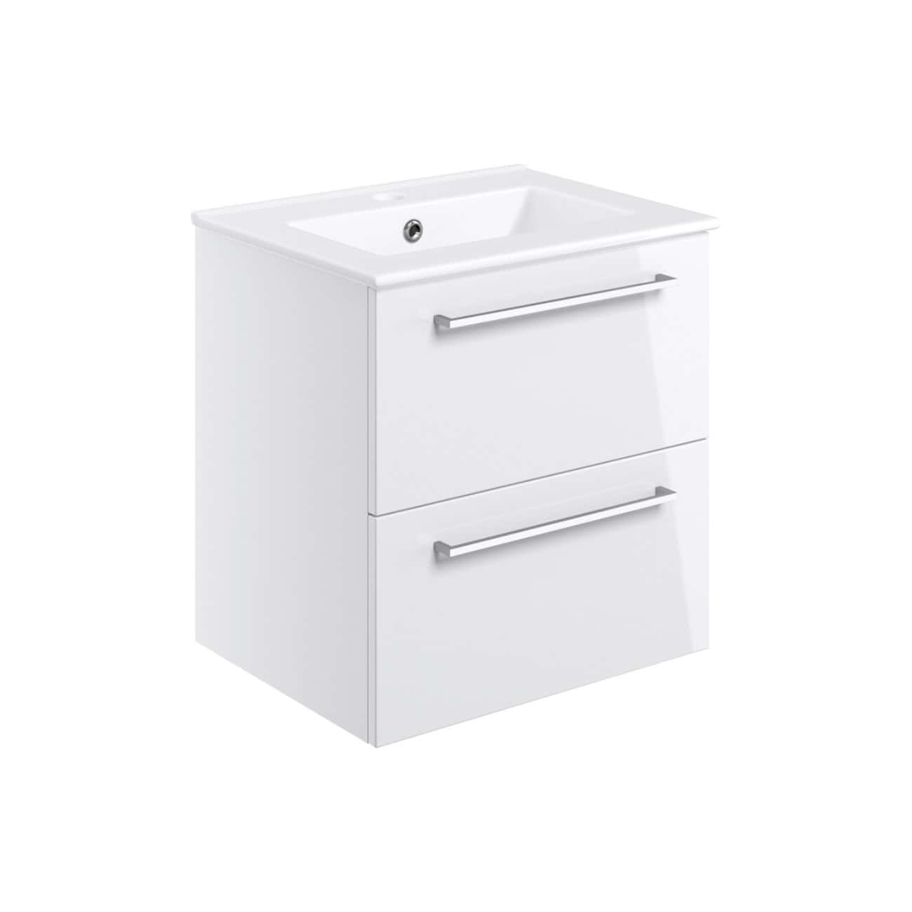 Modern white bathroom vanity with integrated sink and sleek chrome handles, perfect for contemporary bathroom interiors.
